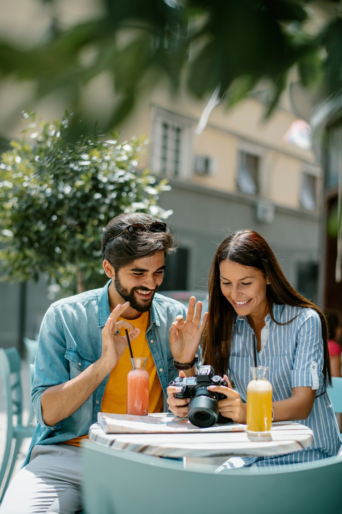 Happy traveling tourists stock photo